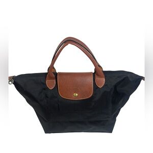 Longchamp Le Pliage Medium Black Nylon Tote Brown Leather Trim- Foldable-